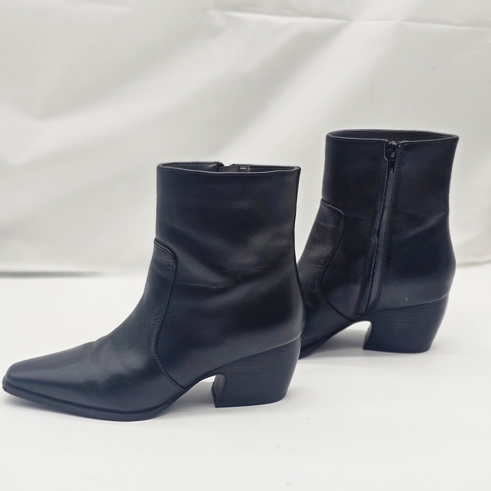 Franco Sarto Ankle Boots Women's 7.5 Black Pointed Toe Block Heel Leather